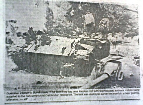 Government tank destroyed by secret covert anti-tank weapons supplied to the guerrillas first used the day I was blown up by an anti-tank landmine. Photo and story by me published worldwide via the Associated Press